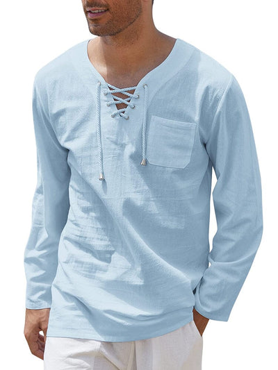 Breathable Solid Drawstring Cotton Linen Shirt (US Only) Shirts coofandy Sky Blue S 