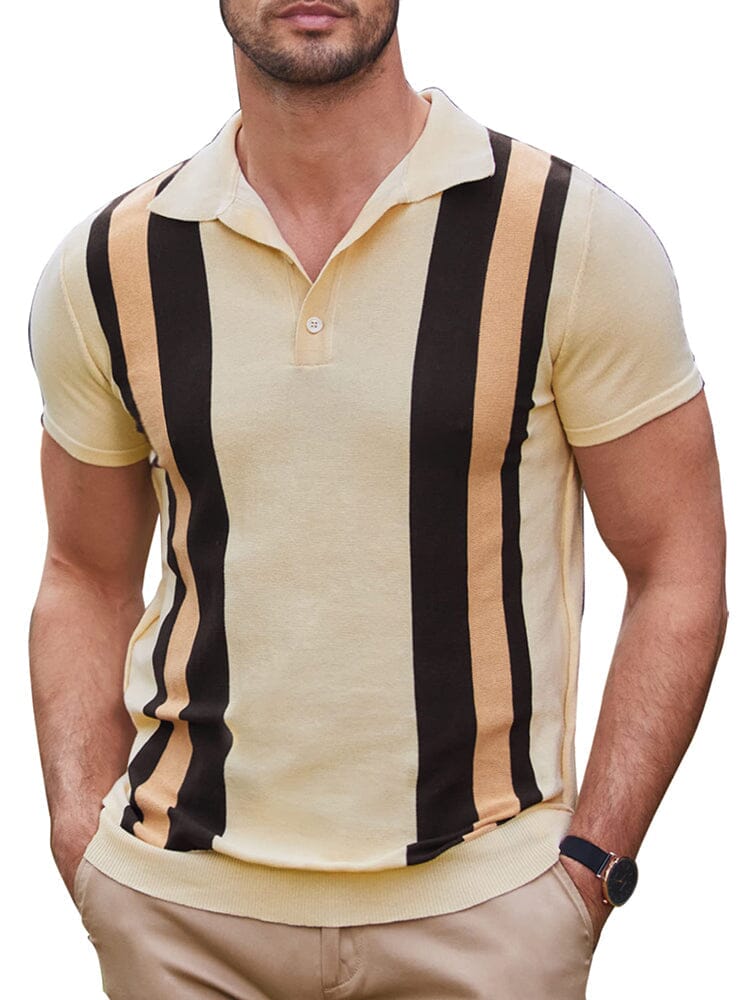 Vintage Stripe Short Sleeve Knitted Polo Shirt (US Only) Polos COOFANDY Store White & Black S 
