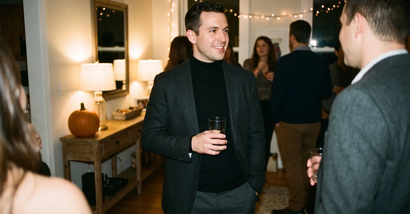 Man wearing a charcoal blazer over a black turtleneck while holding a glass at a party