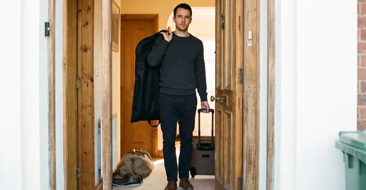 Man in a charcoal sweater carrying a garment bag and suitcase through a doorway