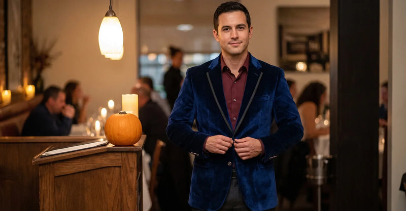 Man wearing a navy velvet blazer over a burgundy shirt beside a pumpkin