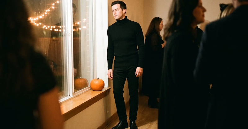 Man wearing a black turtleneck and black trousers at a Halloween gathering