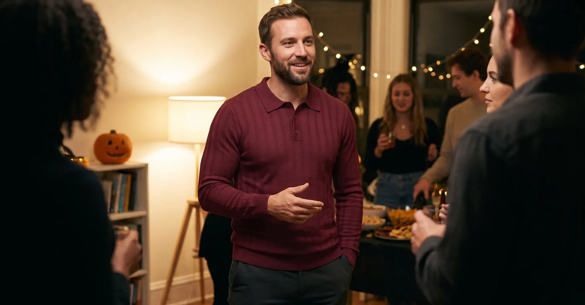 Man wearing a burgundy collared knit top and dark trousers at a house party