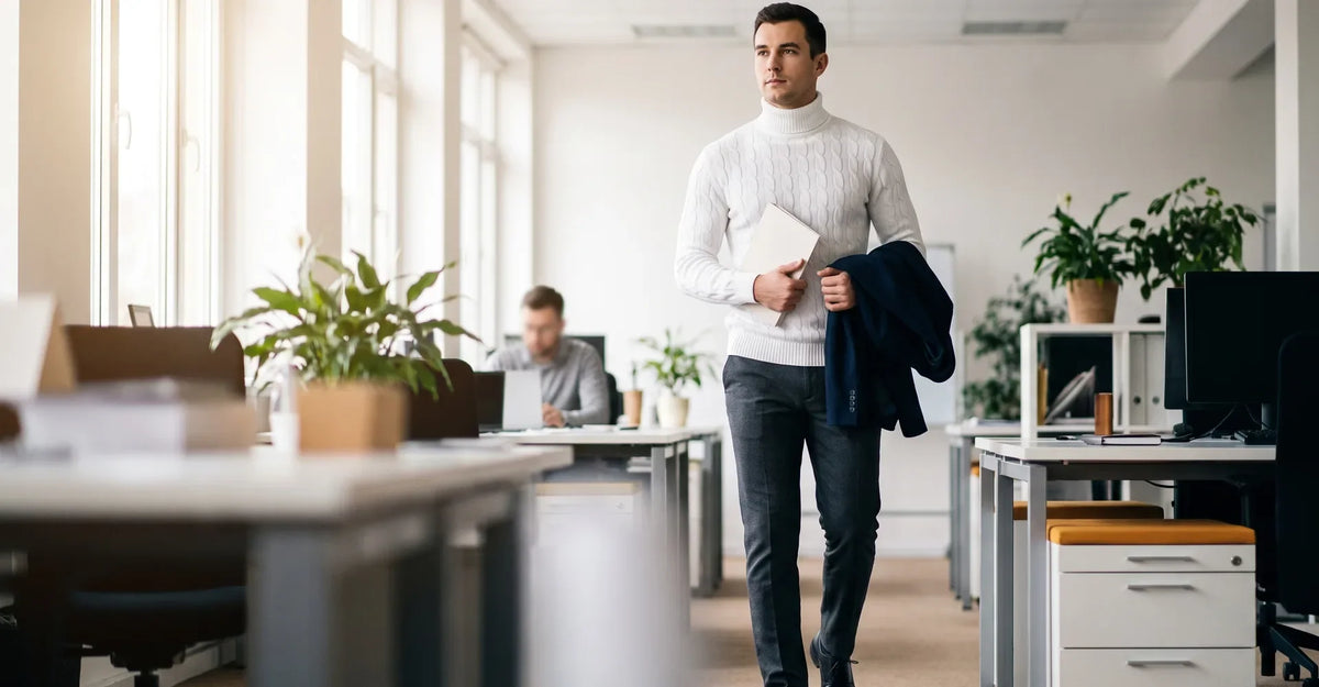 Man carrying a navy jacket while wearing a cream cable-knit turtleneck in an office