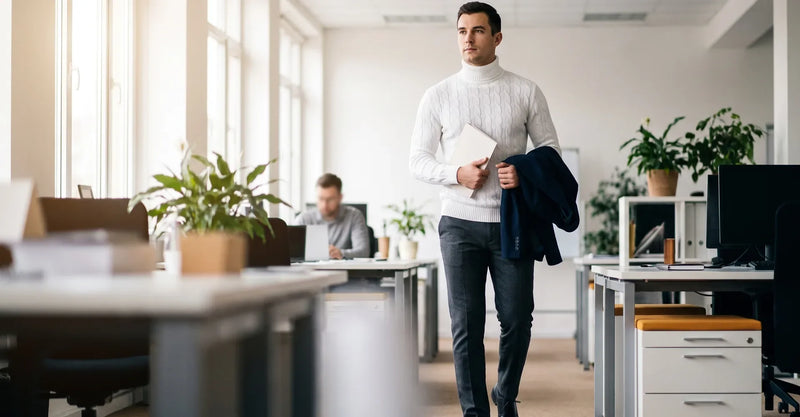 Man carrying a navy jacket while wearing a cream cable-knit turtleneck in an office