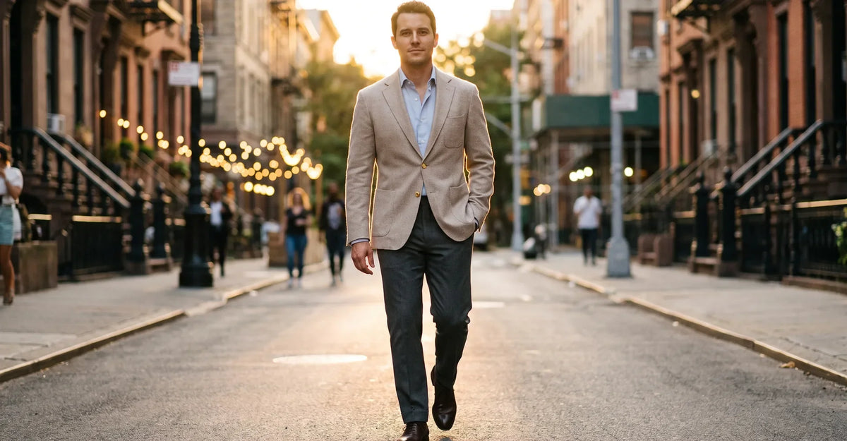 Man walking along a city street in a beige blazer, pale blue shirt and dark trousers
