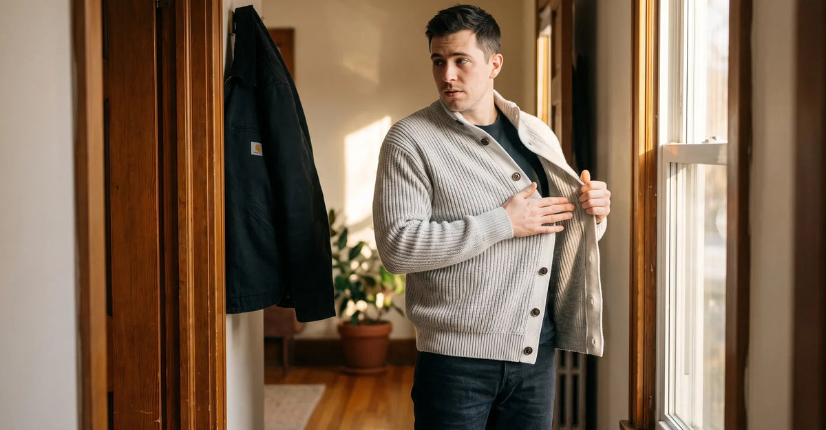 Man adjusting a light grey ribbed cardigan over a dark T-shirt by a doorway