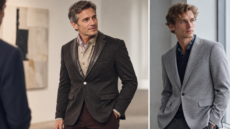 Two men wearing dark brown and gray notch-lapel blazers with flap pockets over open-collar shirts