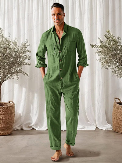 Classic Fit 100% Cotton Jumpsuit Jumpsuit coofandy Green M 