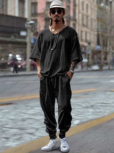 Comfy Textured T-shirt Pants Set Sets coofandy Black M 