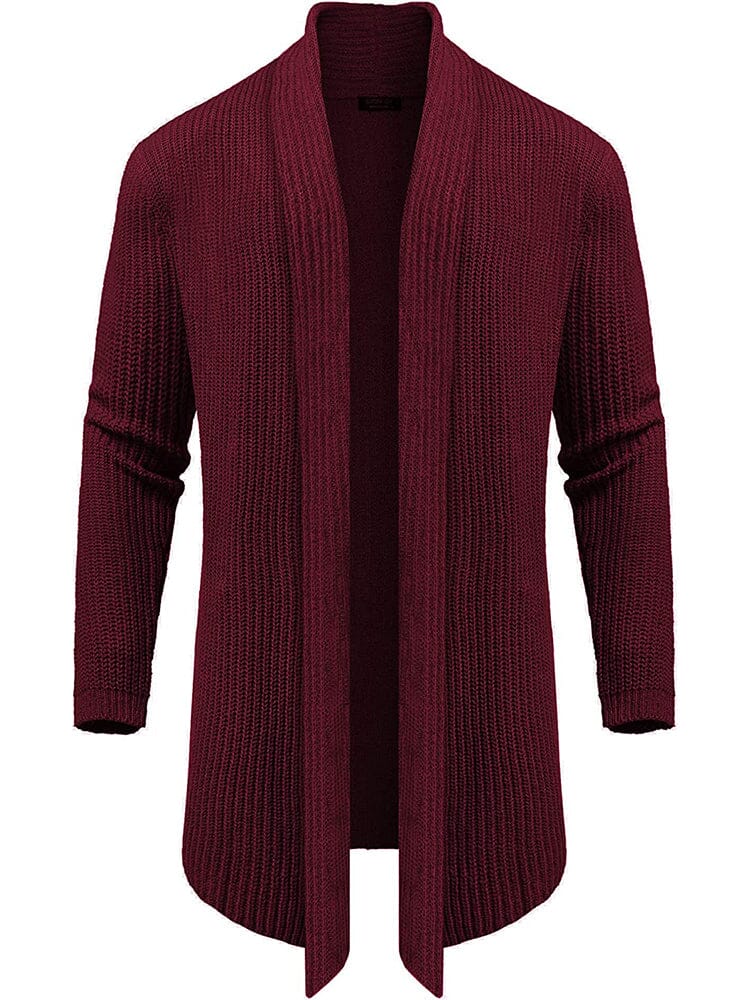 Knit Ruffle Drape Long Cardigan (US Only) Cardigans COOFANDY Store Wine Red M 