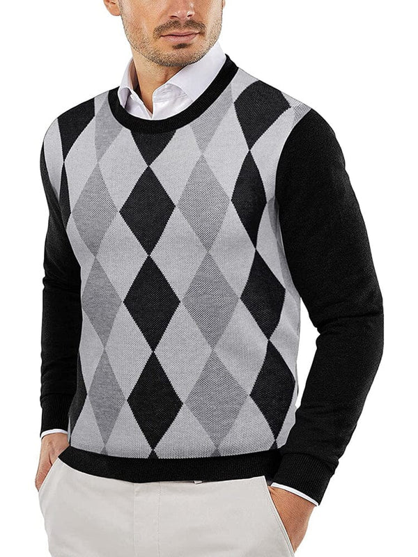 Trendy Crew Neck Pullover Knitted Sweater (US Only) Sweaters COOFANDY Store Black Argyle XS 