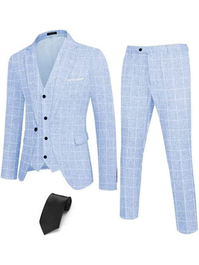 4-Piece One Button Blazer Suit Sets (US Only) Suit Set COOFANDY Store Plaid Blazer- Sky Blue S 