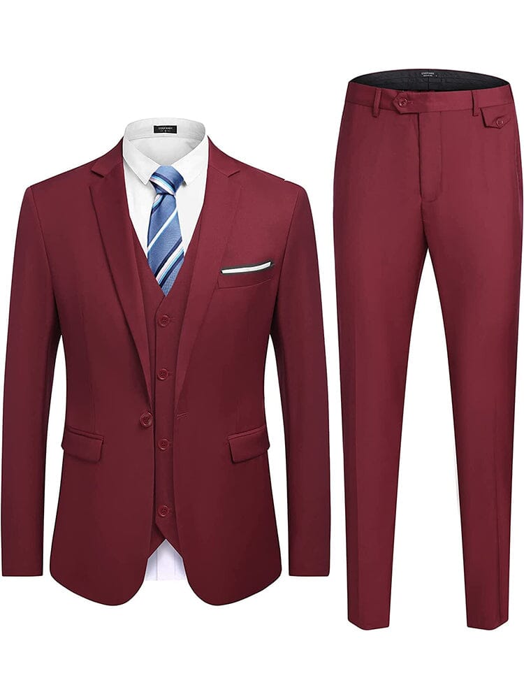 Wedding Formal Prom 3 Piece Slim Fit Tuxedo Suit Set (US Only) Suit Set Coofandy Wine Red S 