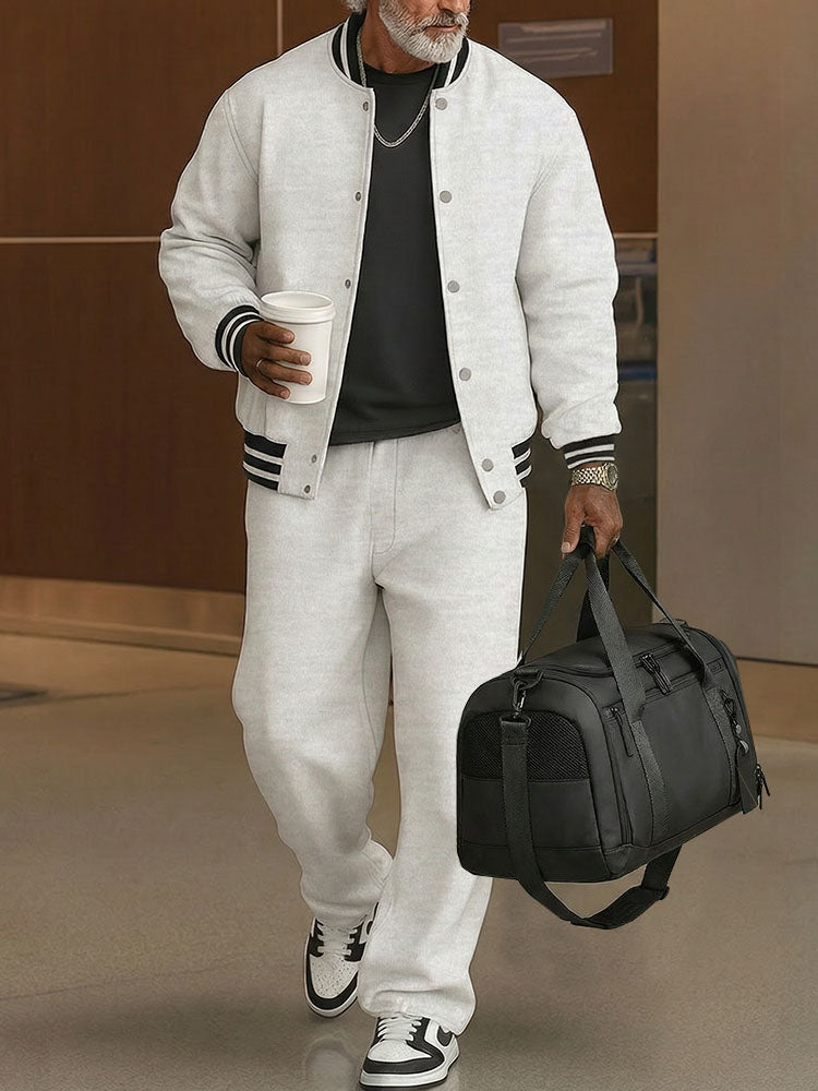 Casual Ribbed Trim Jacket Pants Set