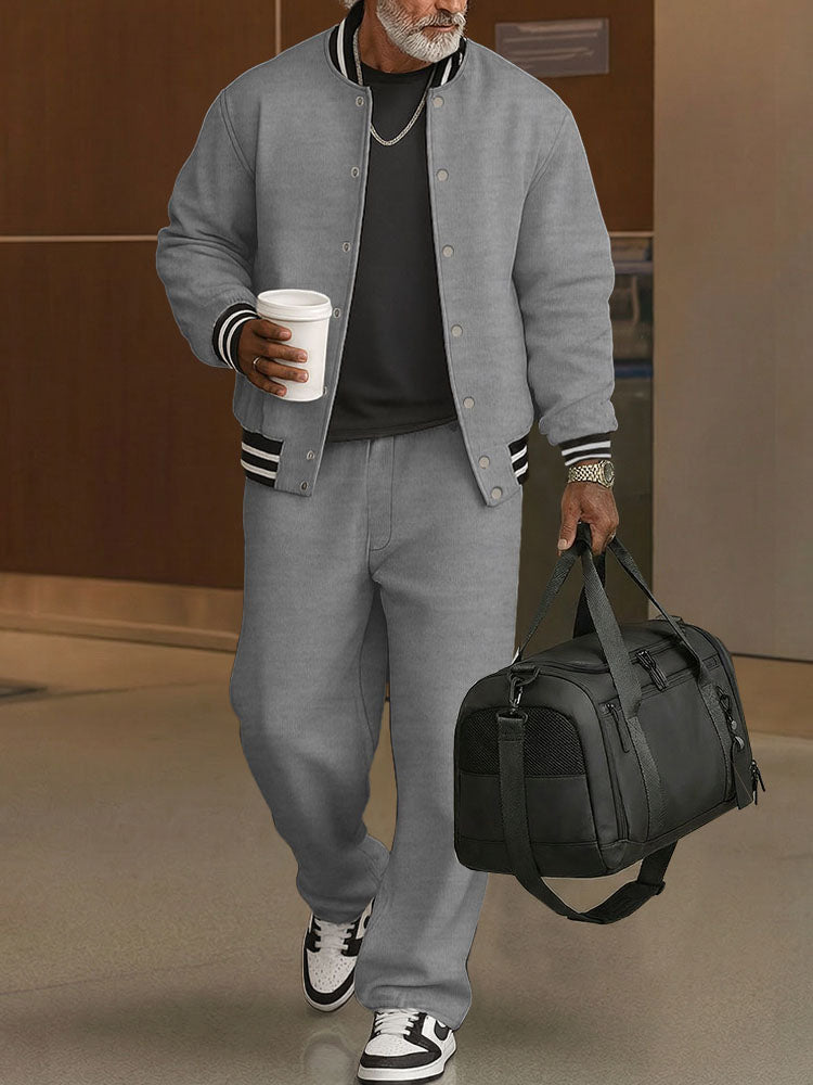 Casual Ribbed Trim Jacket Pants Set