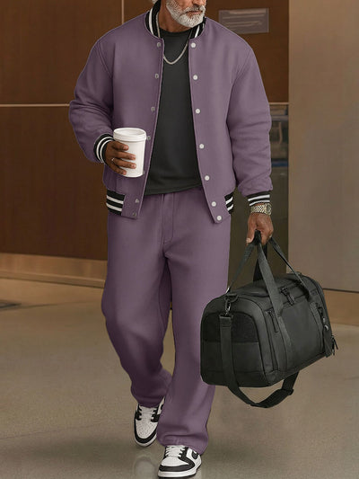 Casual Ribbed Trim Jacket Pants Set