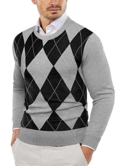 Trendy Crew Neck Pullover Knitted Sweater (US Only) Sweaters COOFANDY Store Grey Argyle XS 