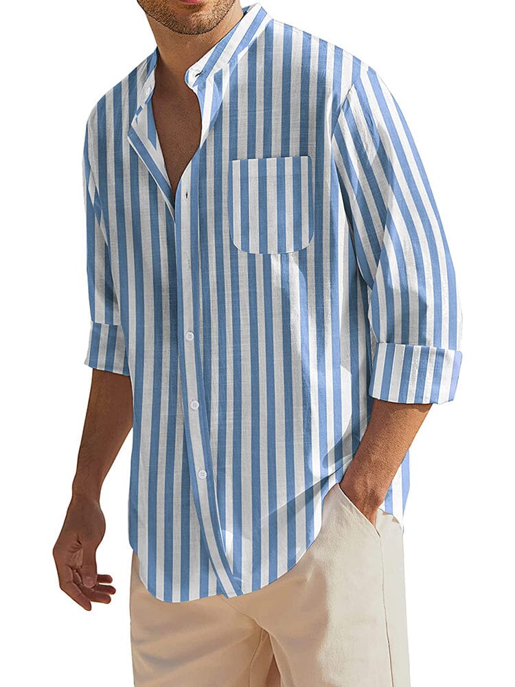 Cotton Linen Beach Button Down Shirt with Pocket (US Only) Shirts COOFANDY Store Blue Striped S 