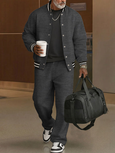 Casual Ribbed Trim Jacket Pants Set