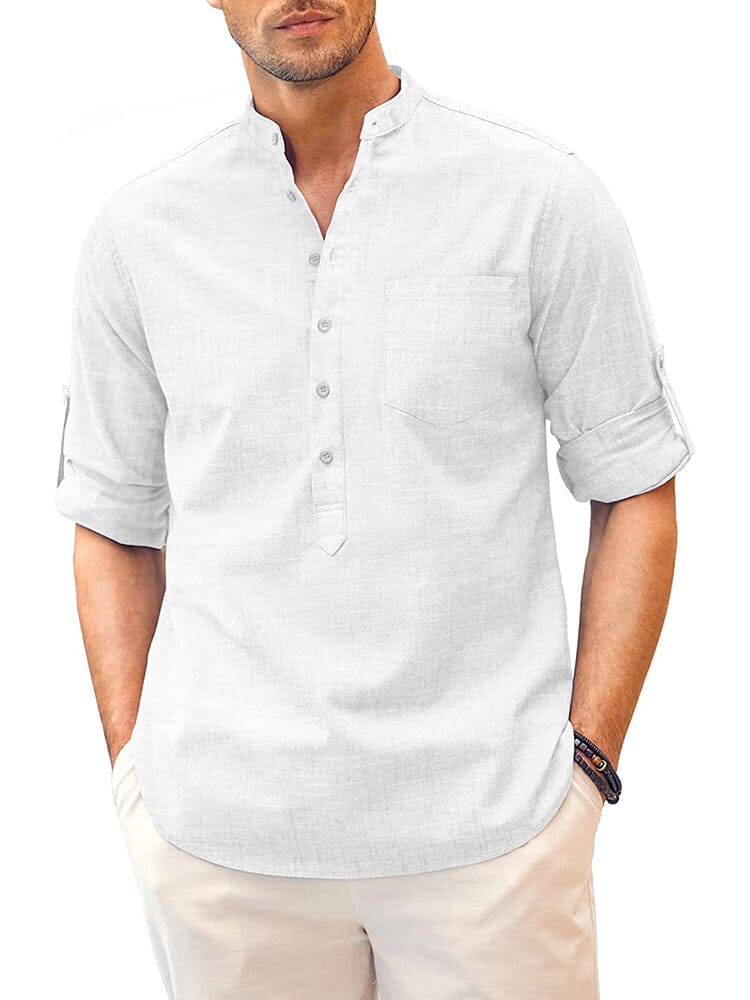 Long Sleeve Cotton Linen Henley Shirt (US Only) Shirts COOFANDY Store White S 