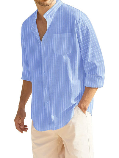 Cotton Linen Beach Button Down Shirt with Pocket (US Only) Shirts COOFANDY Store Sky Blue Striped S 