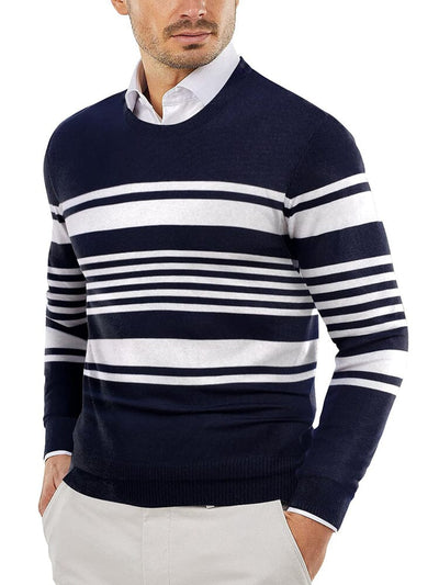 Trendy Crew Neck Pullover Knitted Sweater (US Only) Sweaters COOFANDY Store Stripes White & Dark Blue XS 