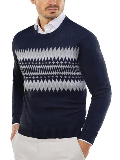 Trendy Crew Neck Pullover Knitted Sweater (US Only) Sweaters COOFANDY Store Navy Blue/Grey White Jacquard XS 