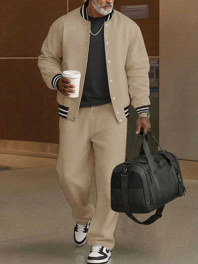 Casual Ribbed Trim Jacket Pants Set