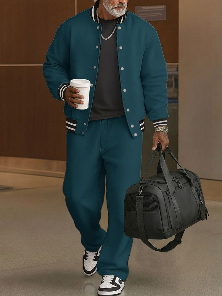 Casual Ribbed Trim Jacket Pants Set