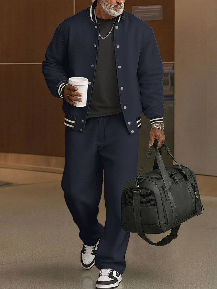 Casual Ribbed Trim Jacket Pants Set