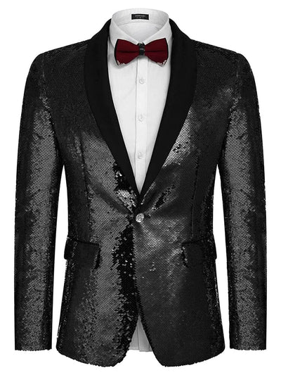 Shiny Sequin Blazer Tuxedo Suit (US Only) Blazer Coofandy Black S 