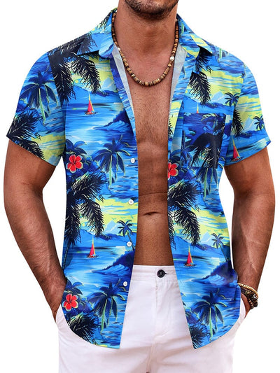 Summer Beach Floral Print Shirt (US Only) Shirts coofandy Blue Coconut Tree S 