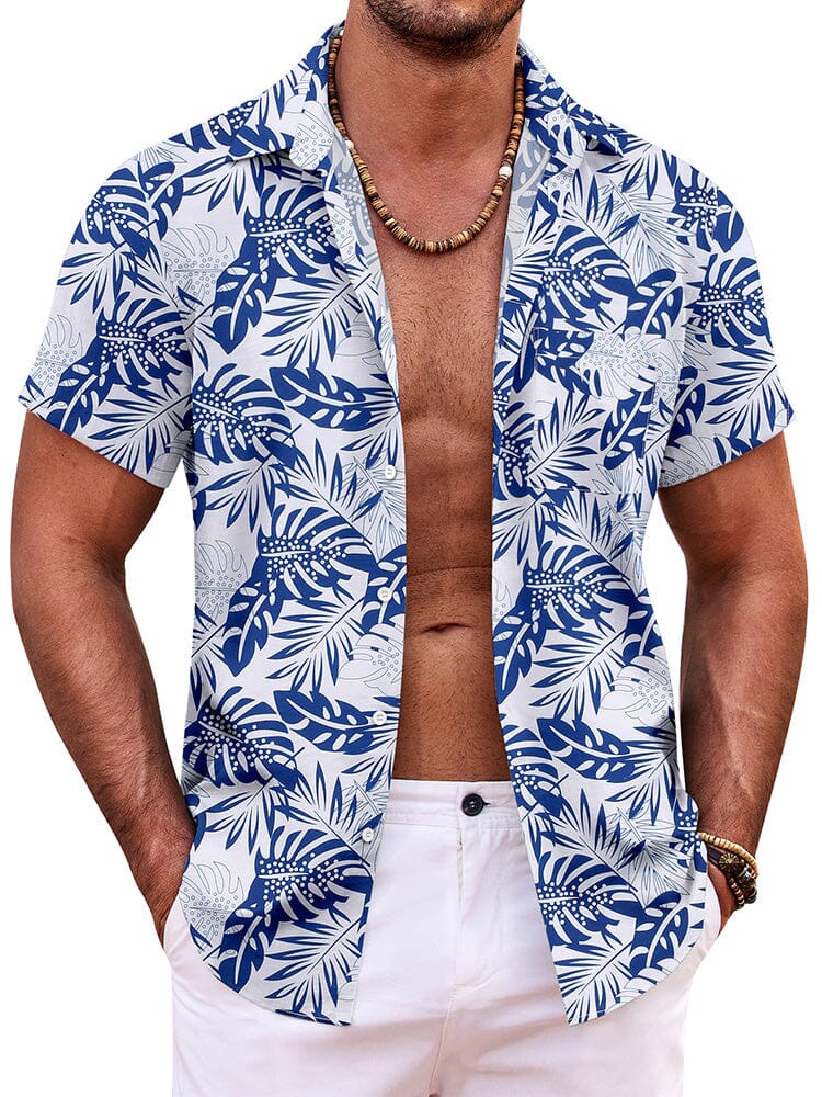 Summer Beach Floral Print Shirt (US Only) Shirts coofandy Navy Blue Leaves S 