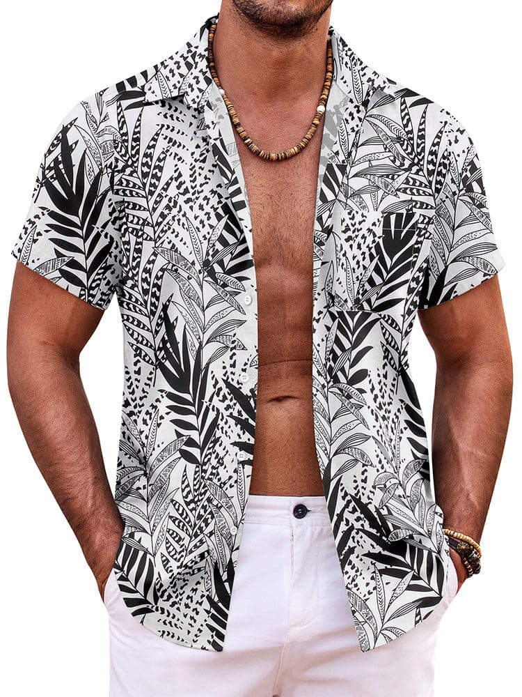 Summer Beach Floral Print Shirt (US Only) Shirts coofandy Black&White Leaves S 