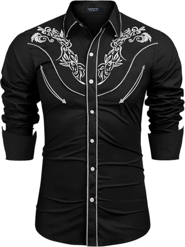 Western Cowboy Embroidered Shirt Long Sleeve Button Down (US Only)