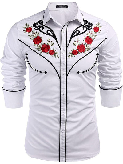 Western Cowboy Embroidered Button Down Cotton Shirt (US Only) Shirts COOFANDY Store White (Retro Rose) S 