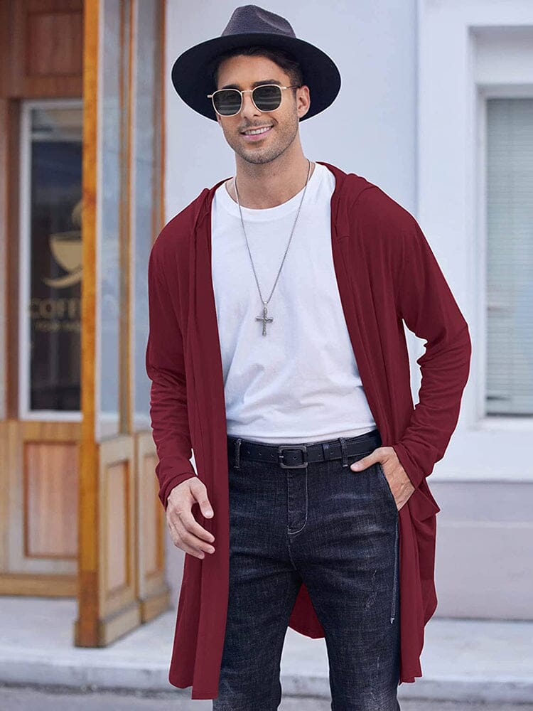 Long Hooded Shawl Collar Overcoat Pockets