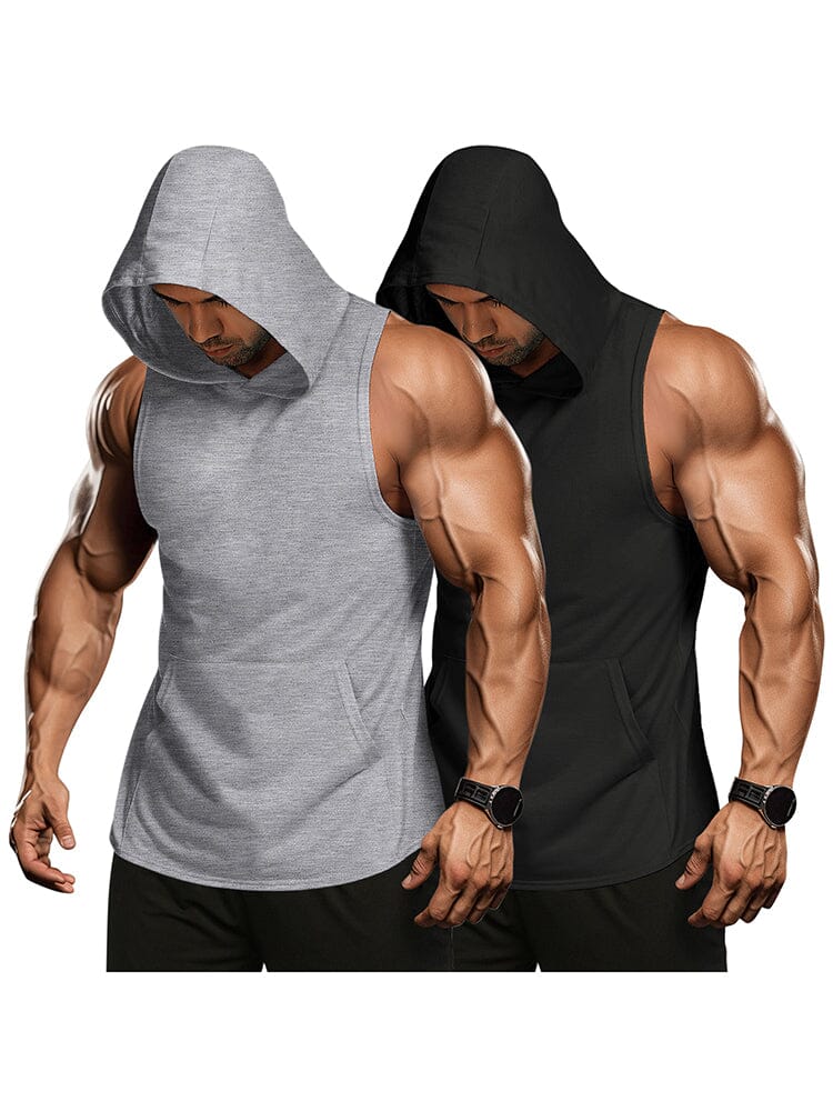 Workout 2 Packs Hooded Tank Tops (US Only) Tank Tops coofandy Black/Light Grey S 