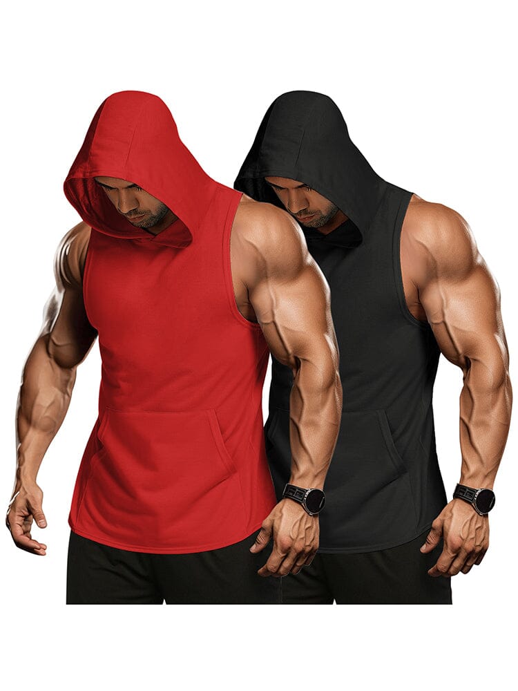 Workout 2 Packs Hooded Tank Tops (US Only) Tank Tops coofandy Black/Red S 