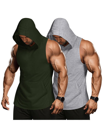 Workout 2 Packs Hooded Tank Tops (US Only) Tank Tops coofandy Grey/Army Green S 