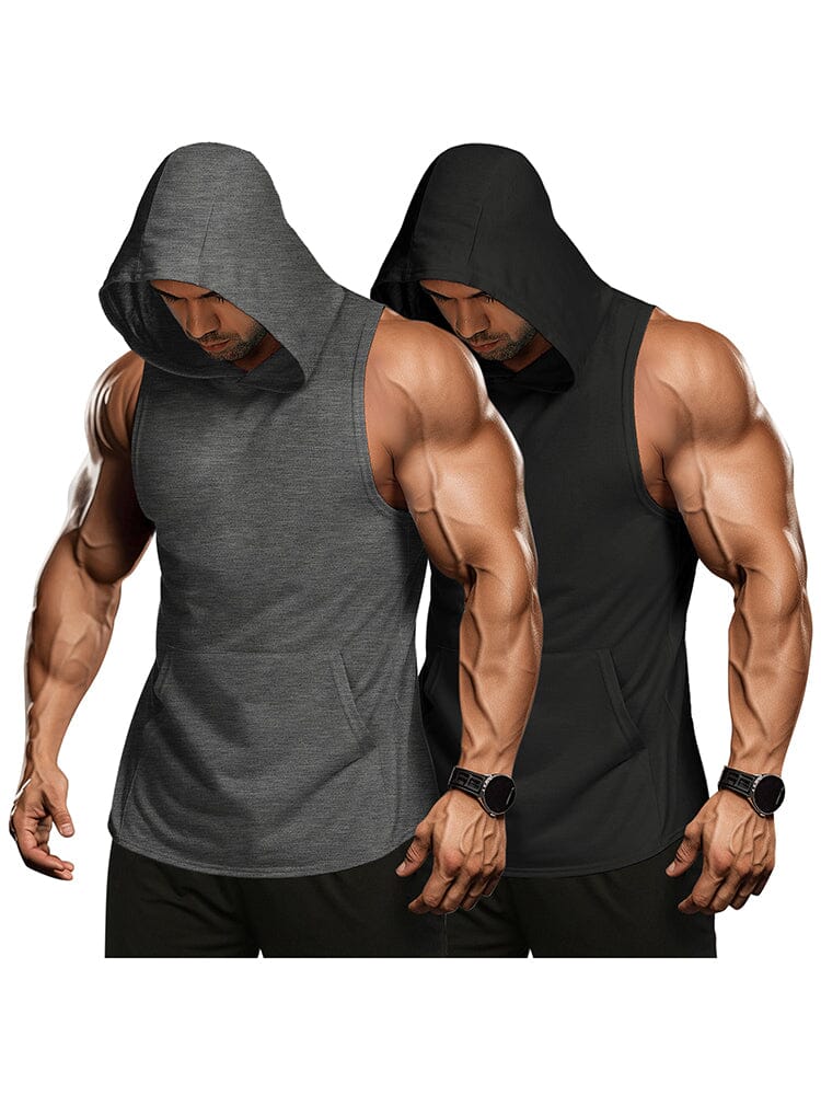 Workout 2 Packs Hooded Tank Tops (US Only) Tank Tops coofandy Black/Dark Grey S 