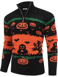 Halloween Knit Quarter Zip Pullover Stand Collar Graphic Sweater (US Only)