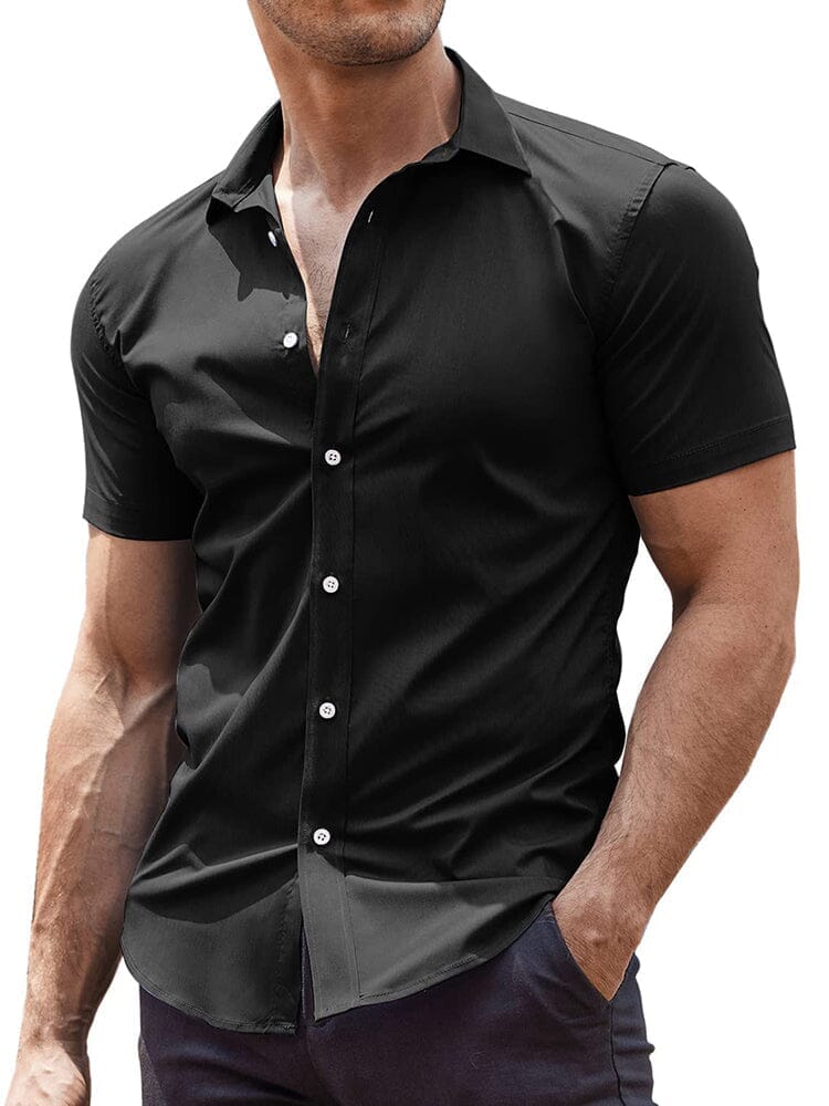 black muscle fit dress shirt Athletic Fit Short Sleeve Signature Shirt in Black XL