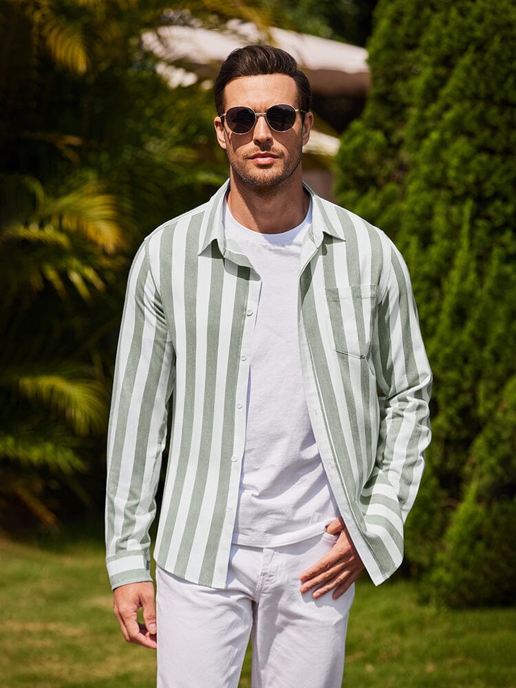 Casual Striped Button Up Shirts (US Only) Shirts coofandy Wide-Green S 