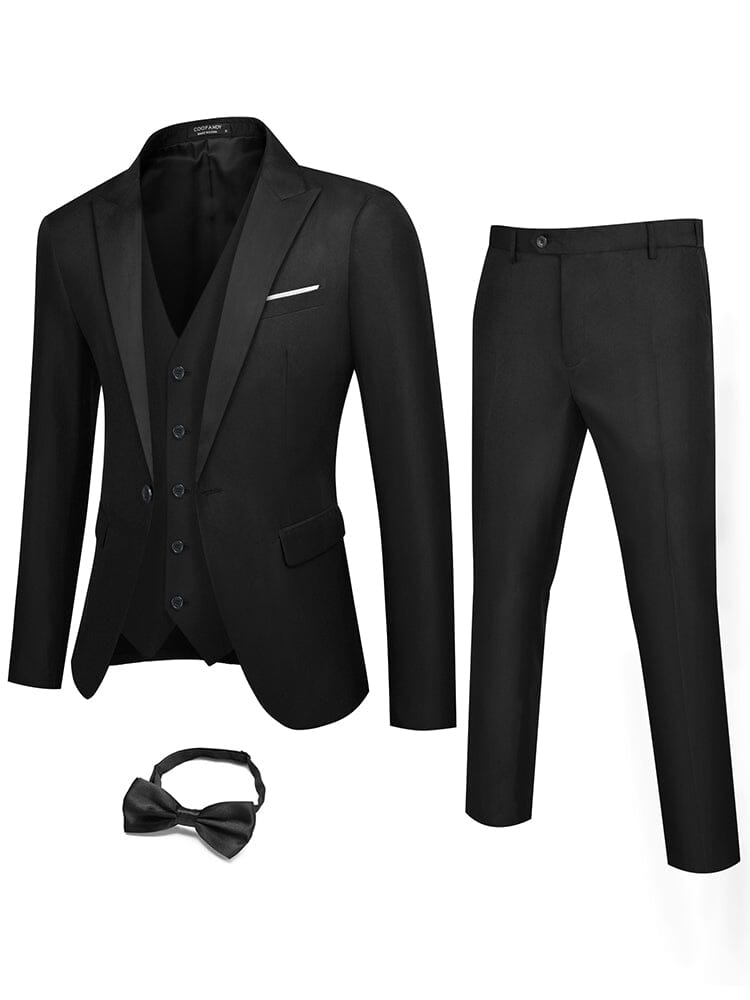 3 Piece Tuxedo Suit Set with Bow Tie (US Only) Blazer coofandy Black S 