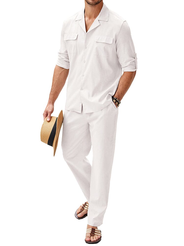 Cozy Cotton Linen Shirt Sets (US Only) Sets coofandy White S 