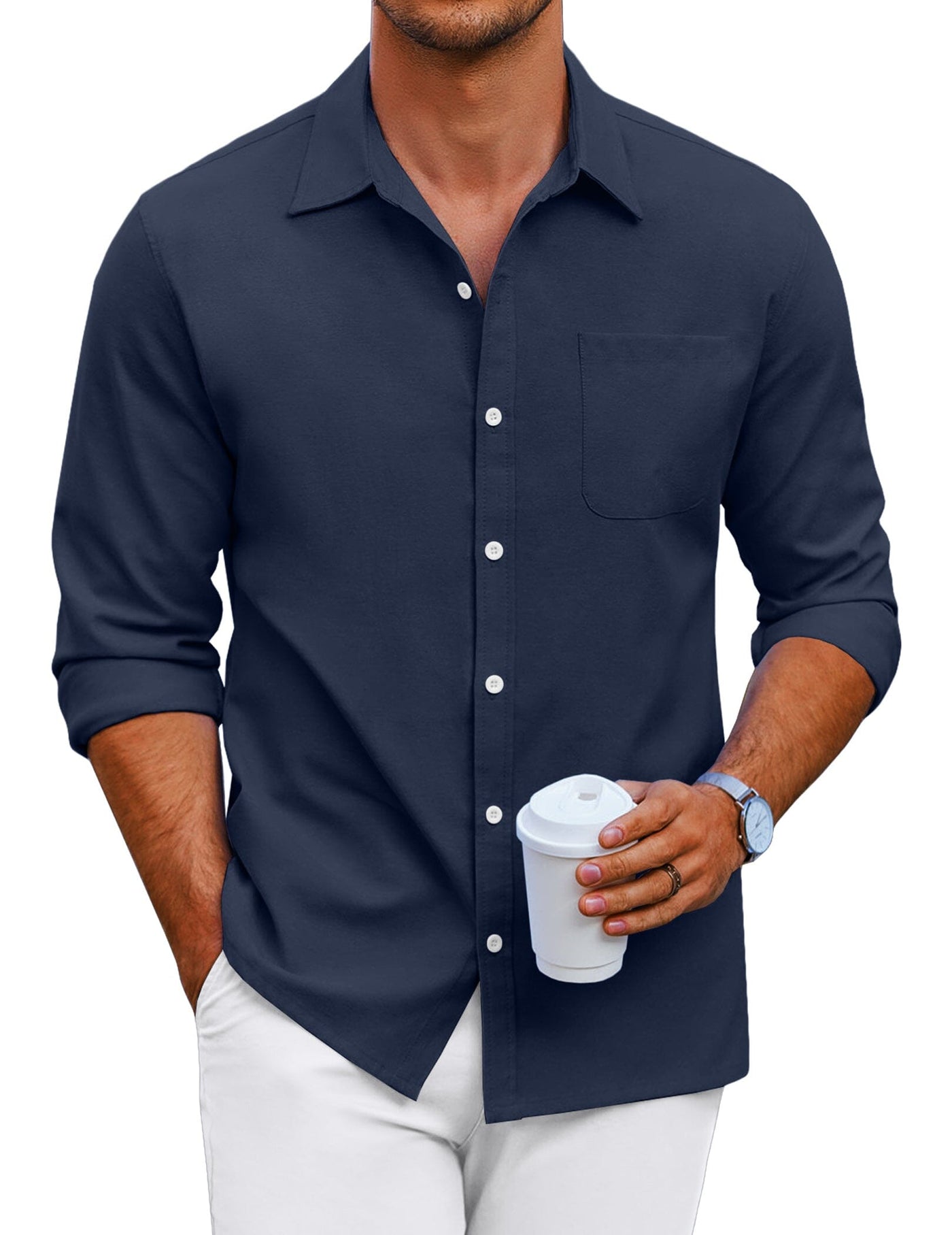 Classic Solid Long Sleeve Button Shirt with Chest Pocket (US Only) Shirts coofandy Navy Blue S 