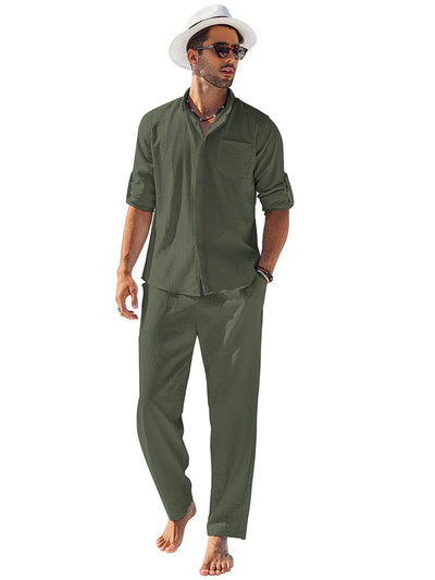 2-Piece Linen Long Sleeve Shirt Sets (US Only) Sets coofandy Army Green S 