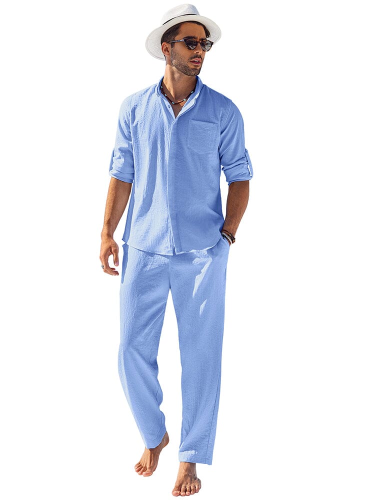 2-Piece Linen Long Sleeve Shirt Sets (US Only) Sets coofandy Light Blue S 